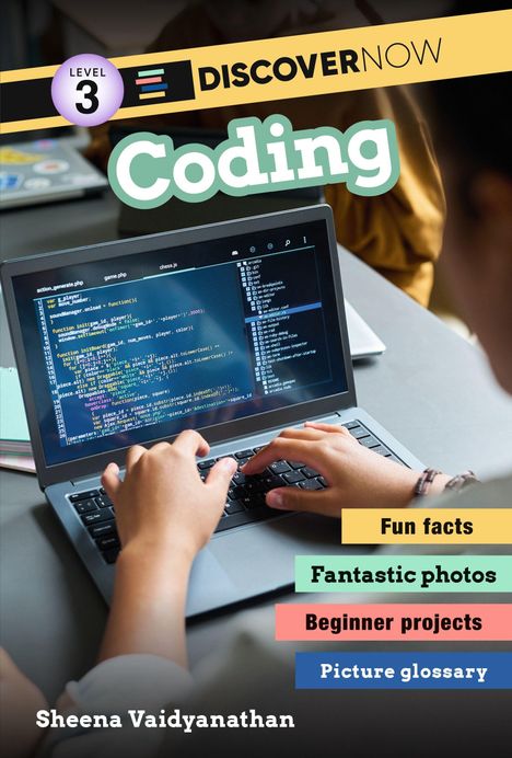 "LEVEL 3 DISCOVER NOW Coding" steht geschrieben. Illustration: Person tippt Code auf einem Laptop, farbige Streifen mit Texten.