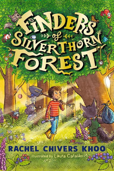 "Finders of Silverthorn Forest." Illustration: Kind im Wald mit Tieren, bunte Objekte hängen von Bäumen.