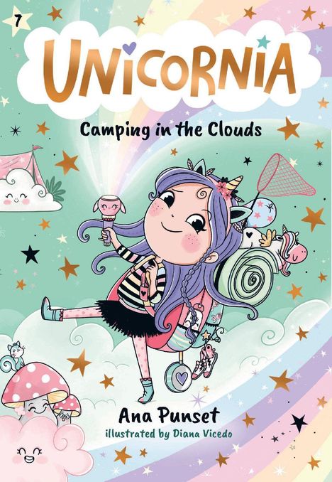 "UNICORNIA", "Camping in the Clouds", "Ana Punset", "illustrated by Diana Vicedo." Illustration: Mädchen mit Einhorn-Accessoires.