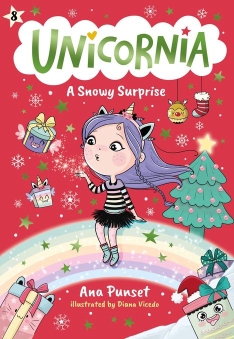 "Unicornia: A Snowy Surprise." Ein Mädchen mit lila Haaren pustet Schneeflocken, umgeben von Geschenken; bunter Hintergrund.