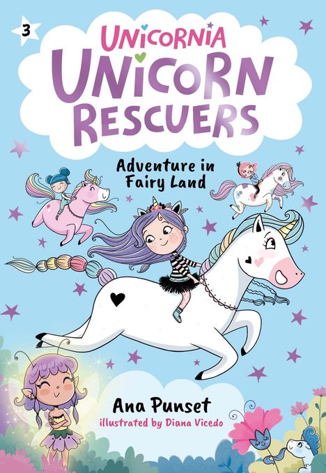 Titel: "Unicornia Unicorn Rescuers: Adventure in Fairy Land". Illustrationsstil: Verspielte Mädchen auf Einhörnern.