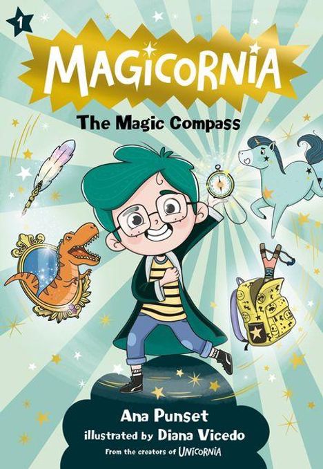 "Magicornia: The Magic Compass" oben, darunter ein fröhlicher Junge mit grünen Haaren, ein fliegendes Einhorn und ein Rucksack.