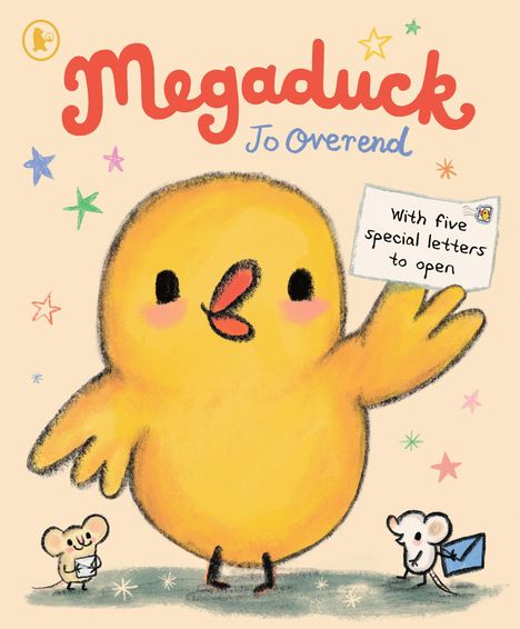 „Megaduck“ und „Jo Overend“ steht oben. Eine gelbe Ente hält einen Brief, umgeben von bunten Sternen. Zwei Mäuse mit Briefen.