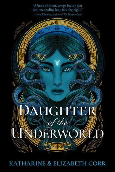 "Daughter of the Underworld" von Katharine & Elizabeth Corr. Illustration: Frau mit blauer Haut, Haar aus Schlangen, antikes Muster.