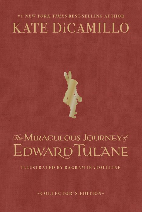 "KATE DiCAMILLO", "The Miraculous Journey of Edward Tulane", roter Hintergrund, siluette eines Hasen.