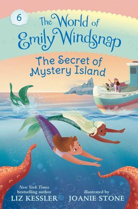 "The World of Emily Windsnap: The Secret of Mystery Island" von Liz Kessler, illustriert von Joanie Stone. Zwei Meerjungfrauen schwimmen.