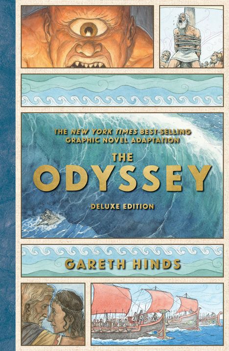 "THE ODYSSEY: Deluxe Edition, Gareth Hinds. Illustrationen von Szenen aus der Odyssee, u.a. Polyphem und Schiffe."