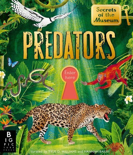 Text: "Secrets of the Museum", "PREDATORS", "Enter here". Illustration: Tiere im Dschungel, darunter ein Leopard, ein Affe, eine Schlange.