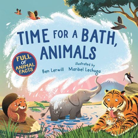 „TIME FOR A BATH, ANIMALS“ mit Tierillustrationen: Elefant im Wasser, Tiger mit Jungem, Vögel im Baum.