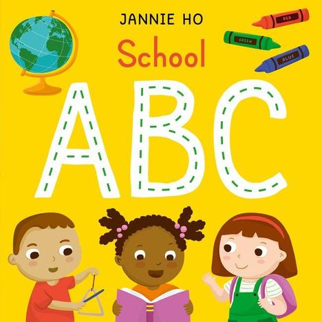 Text: "JANNIE HO School ABC". Drei Kinder mit Buch, Globus und Buntstiften auf gelbem Hintergrund.