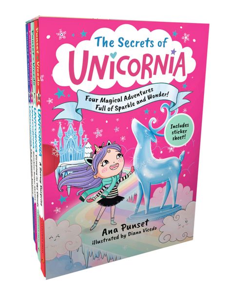 The Secrets of Unicornia. Ein Mädchen und ein blaues Einhorn stehen vor einem märchenhaften Hintergrund.