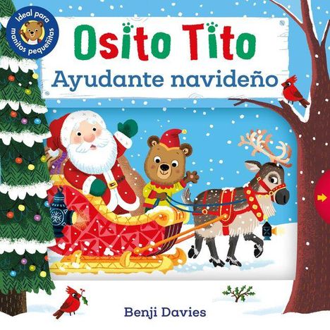 Text: „Osito Tito Ayudante navideño“. Illustration: Weihnachtsmann, Bär und Rentier auf einem Schlitten im Schnee.