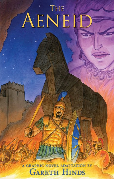"The Aeneid", Illustration: Ein Krieger vor dem Trojanischen Pferd, Flammen, Soldaten, große Gesicht im Hintergrund.