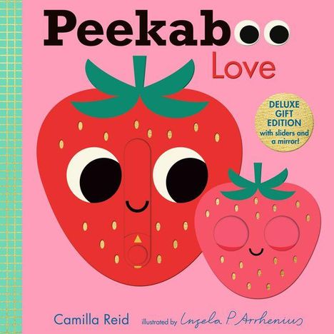 „Peekaboo Love“, „DELUXE GIFT EDITION“, Erdbeer-Illustration mit großen Augen auf rosa Hintergrund.