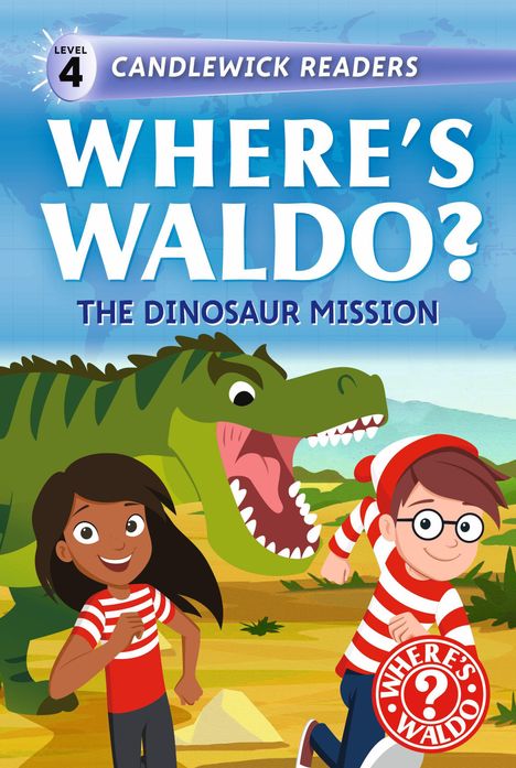 Text: "Where's Waldo? The Dinosaur Mission". Illustrative Darstellung: fröhliches Mädchen und Junge vor Dinosaurier.