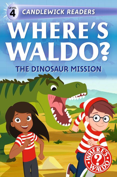 Texts: "CANDLEWICK READERS", "WHERE'S WALDO?", "THE DINOSAUR MISSION".  
Illustration: Ein Junge und ein Mädchen laufen vor einem Dinosaurier.