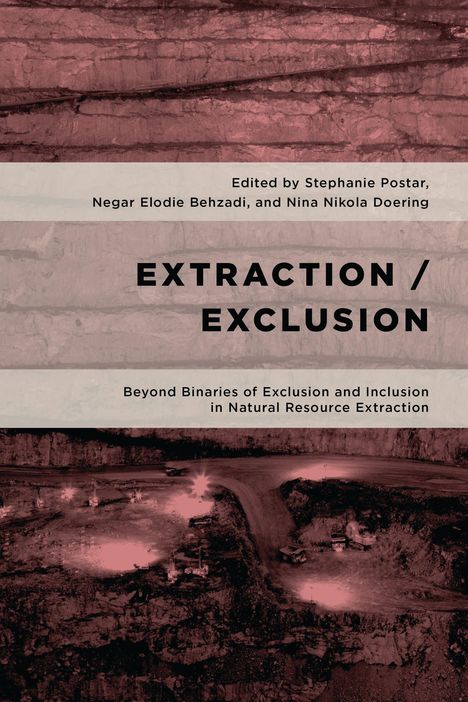 "Extraction / Exclusion" und darunter: "Beyond Binaries of Exclusion and Inclusion in Natural Resource Extraction". Erdton-Farben mit Minenmotiv.
