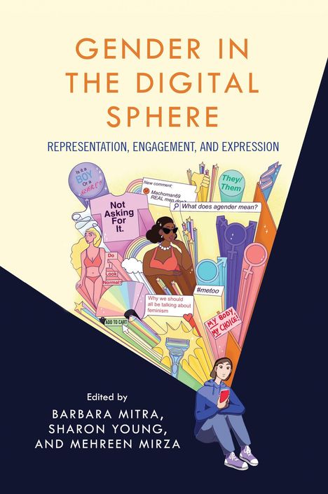 Text: "GENDER IN THE DIGITAL SPHERE. REPRESENTATION, ENGAGEMENT, AND EXPRESSION." Illustration mit vielfältigen Symbolen und Figuren.