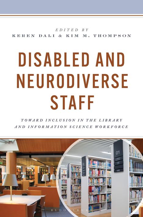 Titel: "Disabled and Neurodiverse Staff". Bild einer modernen Bibliothek mit Regalen und Tischen.