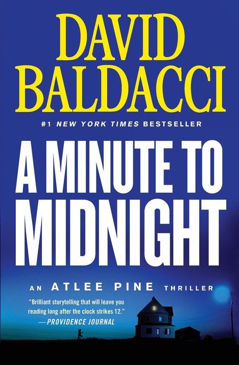Text: "David Baldacci: A Minute to Midnight. An Atlee Pine Thriller". Unten eine dunkle Landschaft mit beleuchtetem Haus.