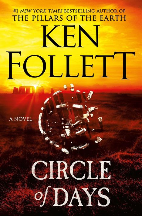 Titel: "CIRCLE of DAYS" von Ken Follett. Hintergrund zeigt eine prähistorische Steinstruktur bei Sonnenuntergang.
