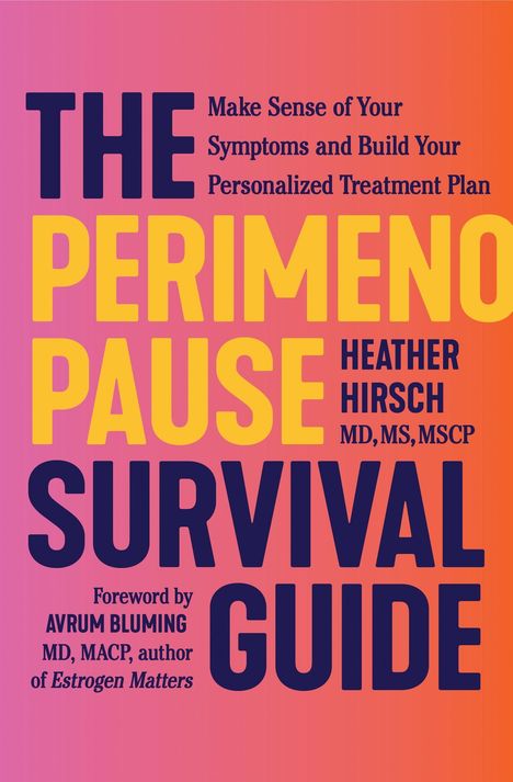 "The Perimenopause Survival Guide" von Heather Hirsch. Farbverlauf Hintergrund, Text in verschiedenen Schriftgrößen.