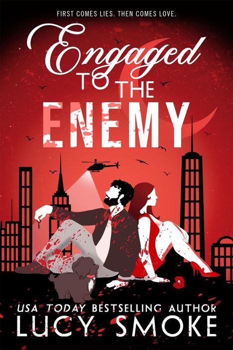 "Engaged to the Enemy" oben, "Lucy Smoke" unten. Illustration: Mann und Frau sitzen vor Skyline, rot-schwarz-weißes Farbschema.