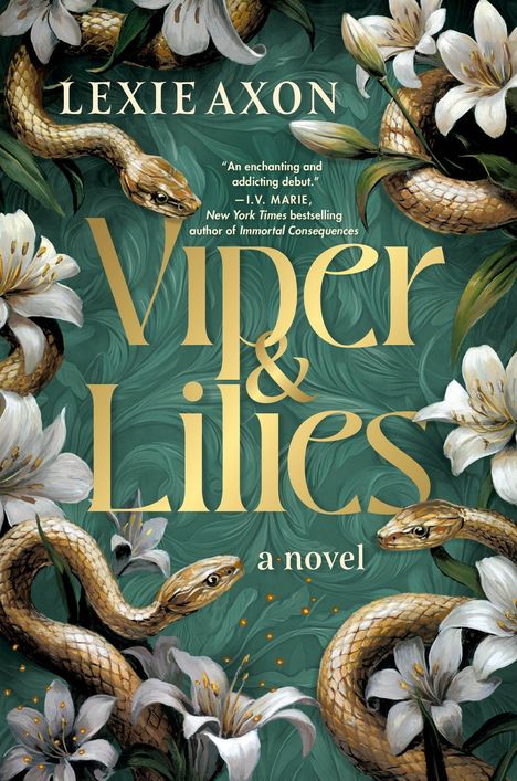 "Viper & Lilies" in goldener Schrift, umgeben von Schlangen und weißen Lilien auf grünem Hintergrund.