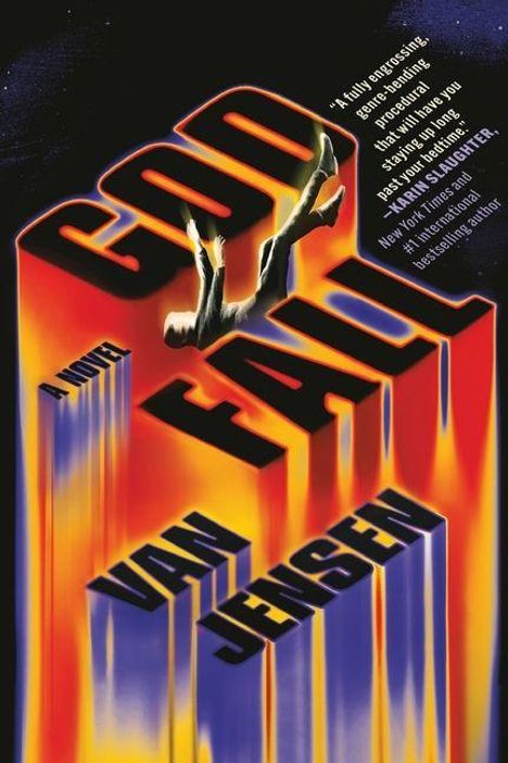 „GODFALL“ und „VAN JENSEN“ in großen Buchstaben, eine fallende Silhouette davor.