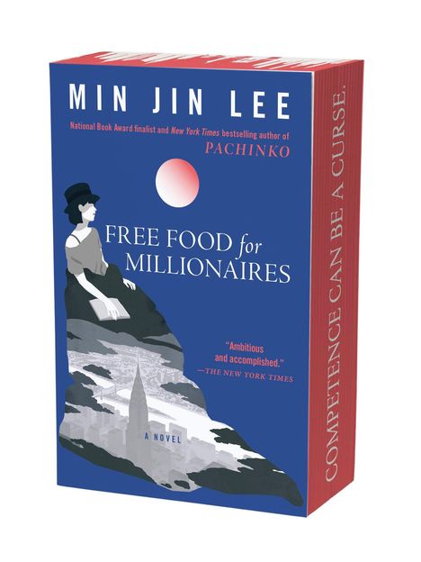Text: "MIN JIN LEE", "FREE FOOD for MILLIONAIRES", "COMPETENCE CAN BE A CURSE." Illustration: Frau, Stadtlandschaft.