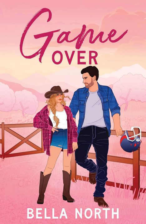"Game Over" und "Bella North" sind die Texte. Illustration eines Paares mit Cowboy- und Football-Thema in rosa Landschaft.