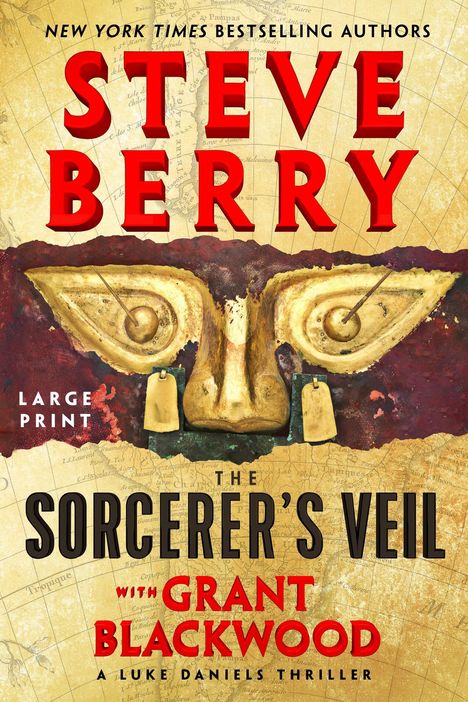 "Steve Berry", "The Sorcerer's Veil", "Grant Blackwood". Großes Maske-Design auf einer Karte.