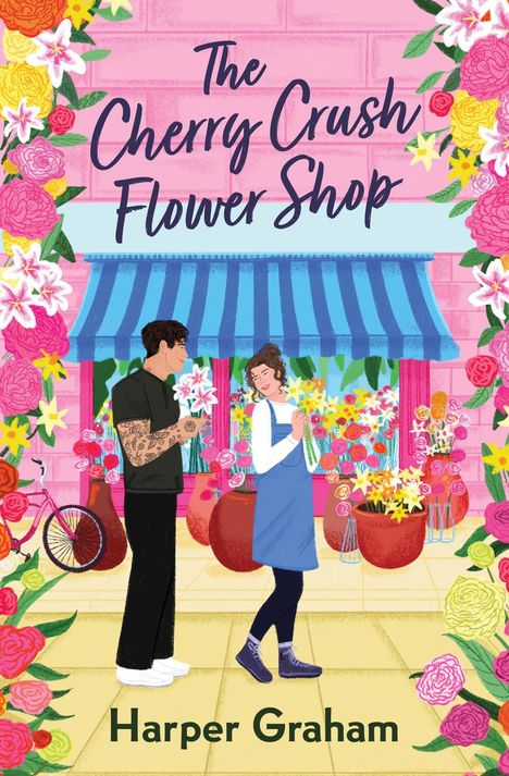 "The Cherry Crush Flower Shop" und "Harper Graham". Illustration: Bunter Blumenladen mit zwei Menschen und Blumenarrangements.