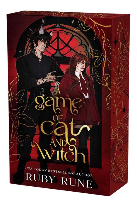 "A game of cat and witch" in geschwungener Schrift. Illustration: Zwei Personen vor einem roten Fenster, goldene Blätter.