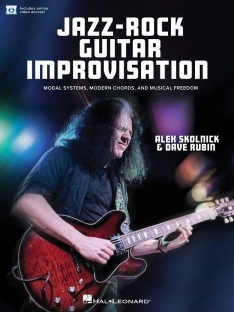 "JAZZ-ROCK GUITAR IMPROVISATION" von Alex Skolnick & Dave Rubin. Person spielt E-Gitarre, bunte Lichter im Hintergrund.