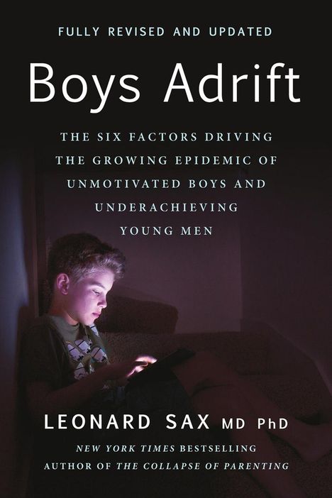 "Boys Adrift" oben, ein Junge sitzt auf einer Treppe mit einem digitalen Gerät, beleuchtet von dessen Licht.