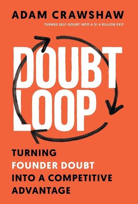 Text: Adam Crawshaw, Doubt Loop, Turning Founder Doubt into a Competitive Advantage. 
Design: Roter Hintergrund, schwarzer Pfeilkreis.
