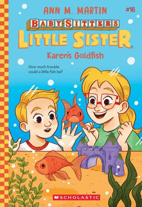 „Karen's Goldfish“, zwei Kinder mit Brille und Fischen, lächeln vor einer blauen Unterwasser-Szene mit Schloss.
