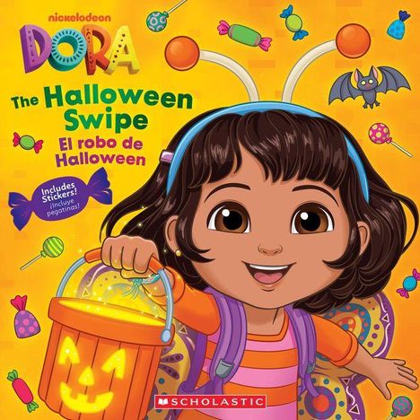 "DORA The Halloween Swipe El robo de Halloween." Kind mit Kürbislaterne, bunte Süßigkeiten fliegen herum. Illustration.