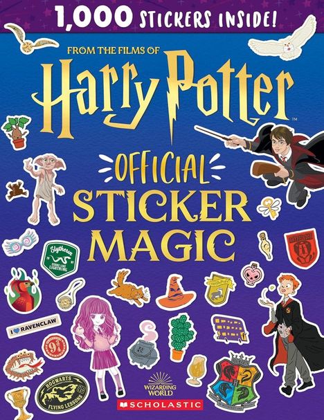 Text: "1,000 Stickers Inside! From the films of Harry Potter Official Sticker Magic." Zahlreiche bunte Aufkleber von Charakteren und Symbolen.