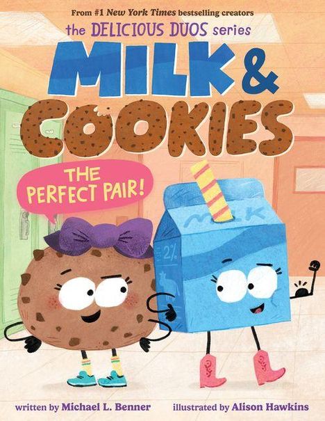 Text: "Milk & Cookies: The Perfect Pair!" Illustration von fröhlichem Keks mit Schleife und tanzender Milchtüte mit Stiefeln.