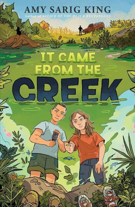 Text: "IT CAME FROM THE CREEK." Zwei Kinder am Bach, umgeben von Pflanzen. Verspielte, farbenfrohe Illustration.