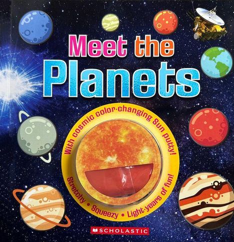 "Meet the Planets" in bunten Buchstaben; umgeben von illustrierten Planeten im Weltraum. Logo unten: Scholastic.