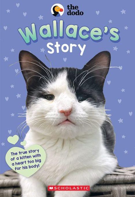 „Wallace's Story. The true story of a kitten with a heart too big for his body!“ Bild einer schwarz-weißen Katze.