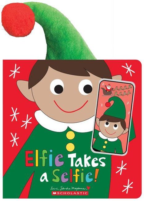 Text: "Elfie Takes a Selfie!" Illustration eines Elfes mit grünem Hut und einem Selfie auf dem Handy.
