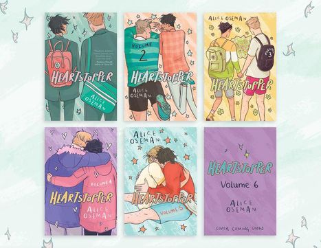 „Heartstopper“, „Alice Oseman“, „Volume 6“, „Cover Coming Soon“. Sechs Buchcover mit Zeichnungen von Paaren in liebevollen Gesten.