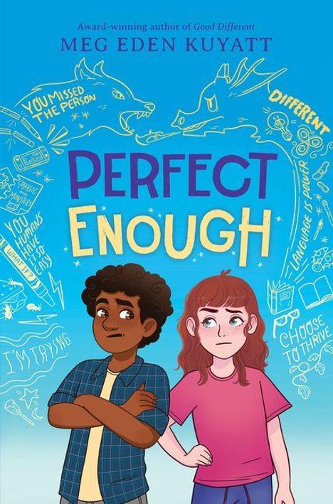 Ein Buchcover zeigt den Titel "Perfect Enough" mit Illustrationen zweier nachdenklicher Kinder vor einem blauen Hintergrund.