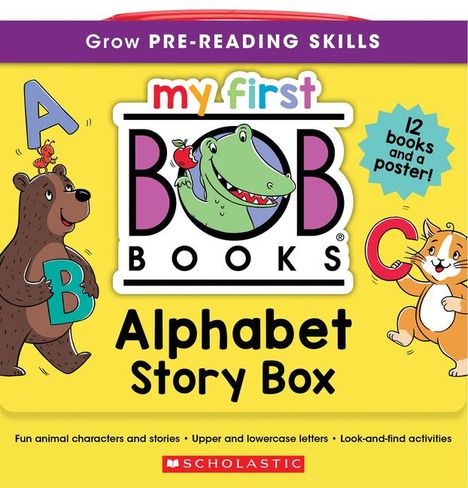"my first BOB Books Alphabet Story Box" steht auf einer gelben Box mit fröhlichen Tierillustrationen und Buchstaben.