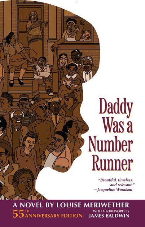 „Daddy Was a Number Runner“ ist der Titel. Illustration zeigt afroamerikanische Menschen in einem Stadtbild.