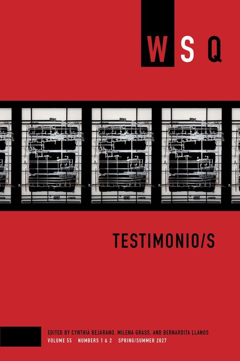 „WSQ“ und „TESTIMONIO/S“ in großen Buchstaben oben. Stilvolles Cover in Rot mit wiederholtem Schwarzweiß-Muster.